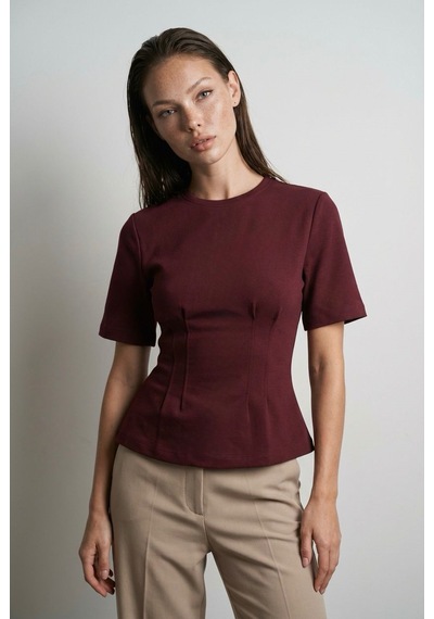 Bordo Kadın Bisiklet Yaka Belden Oturtmalı Basic Tişört Mg2670 Bordo