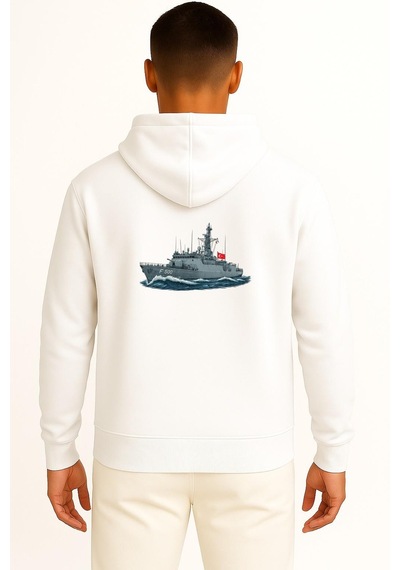 Bahriyeli Collection Kapüşonlu F500 Tcg Bozcaada Savaş Gemisi Cep Ve Sırt Tasarımlı Unisex Sweatshirt Beyaz
