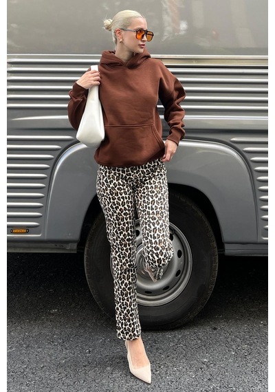 Acı Kahverengi Kapüşonlu Şardonlu Oversize Cepli Sweatshirt Mg2206