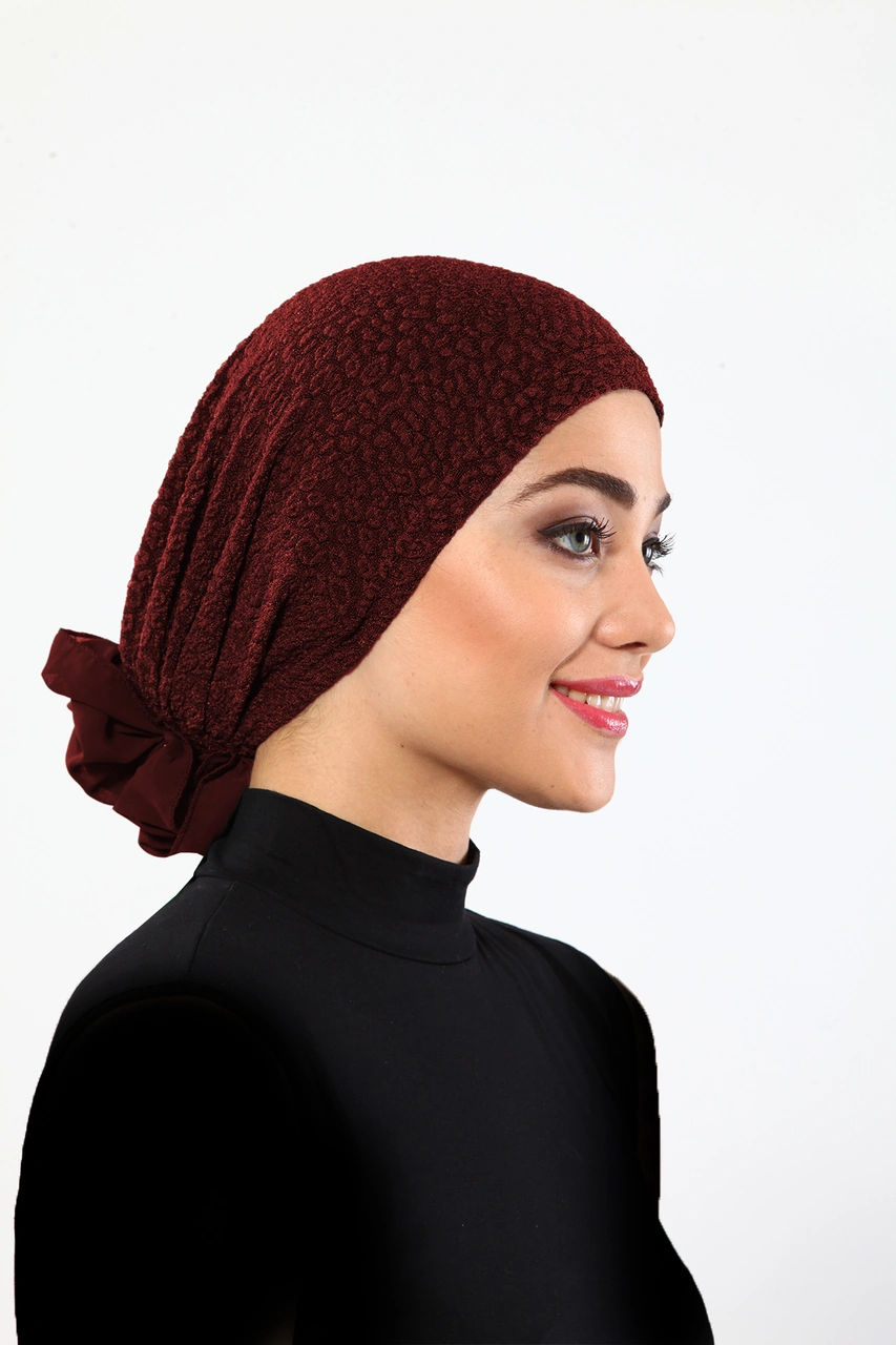 Elysianfidan Brokar Tüllü Bordo Hazır Türban Tesettür Bone Bordo
