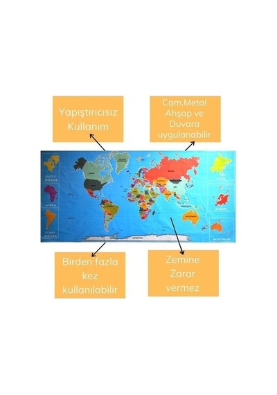 Buradabuldun Renkli Atlas Dünya Haritası Manyetik Yapıştırıcı Gerektirmeyen Duvar Stickerı 118 Cm 56 Cm Çok Renkli