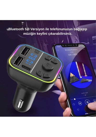 Rgb Bluetooth Araç Kiti Transmitter Usb Type-c Mp3 Sd Kart Flash Hızlı Çakmaklık Şarjı