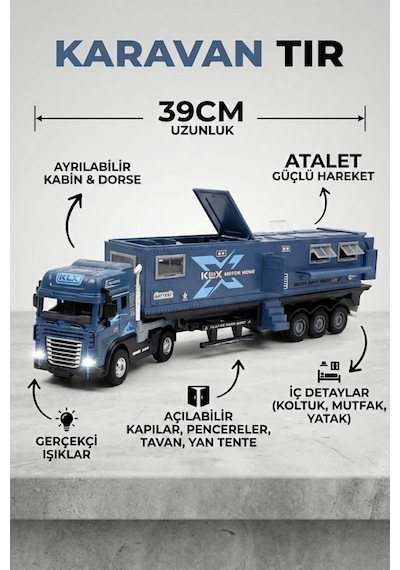 Oyuncak Tır Ve Karavan Seti - 39cm Büyük Boy Metal Kupa Işıklı Sesli Çek Bırak Oyuncak Araba