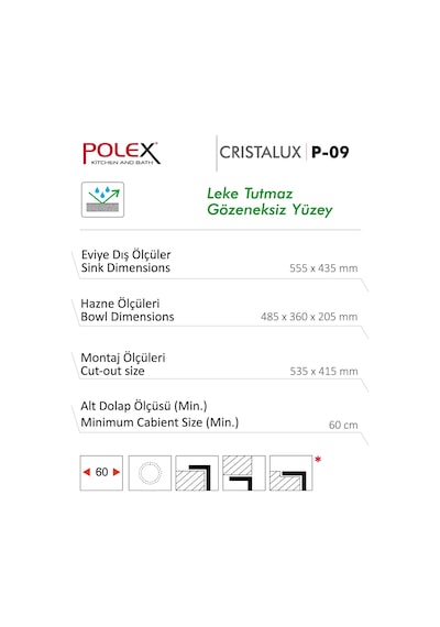 Polex Cristalüx Granit Evye P-09 Gri Tezgah Altı Ve Tezgah Üstü Kare Mutfak Evyesi 55.5x43.5 CM