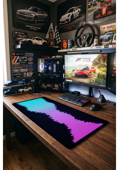 Ekolayzer Gaming Mousepad Xxl 90x40 Cm Kaymaz Taban Dikişli Kenar Mavi Neon Oyuncu Masa Pedi