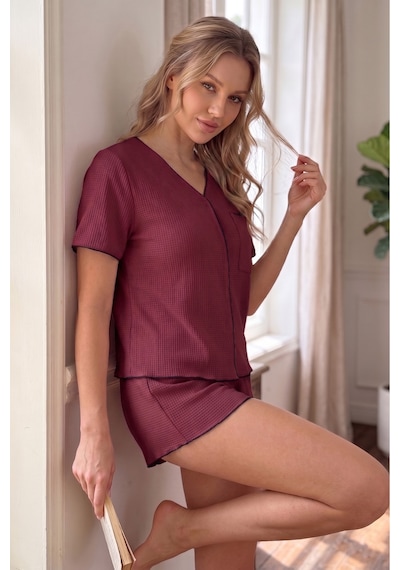 Bella Notte Bordo Kısa Kollu V Yaka Biye Detaylı Pijama Takımı