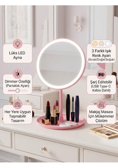 Led Işıklı Dimmerli Usb Şarjlı Dokunmatik Makyaj Aynası Pembe - 3 Renk Işık Modu 360 Döner Masaüstü Ayna Yuvarlak