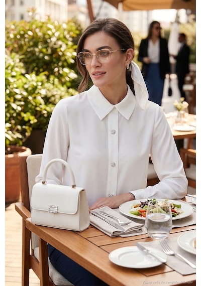 Lela Taşlı Regular Fit Gömlek Yaka Fermuarlı Bayan Bluz 611Bz0493 Ekru