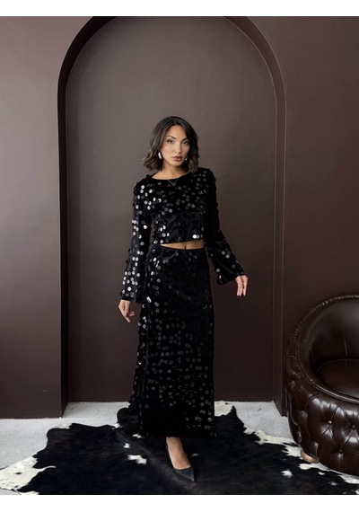 Verymoda Pullu Kadife Etek F2000 Siyah Siyah