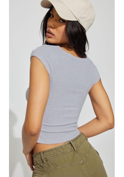 Madmext Gri Geniş Yaka Kadın T-shirt Mg2341 Gri