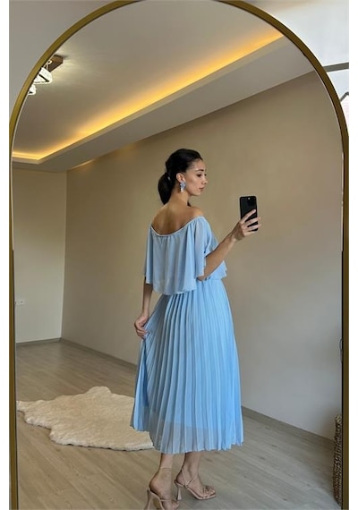 Neşeli Butik Kadın Omzu Açık Piliseli Midi Şifon Elbise Nm006 Bebe Mavisi