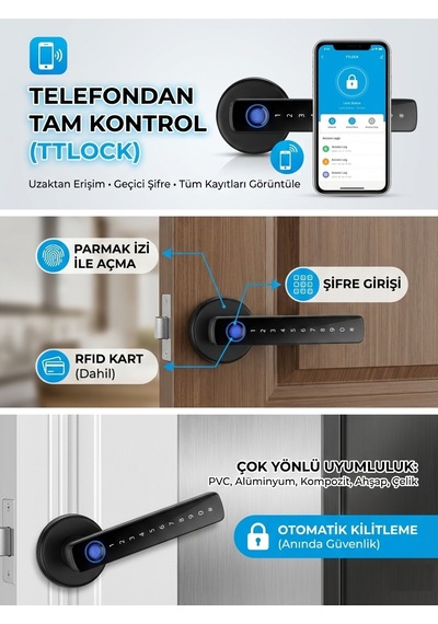 Şifreli Kartlı Telefondan Kontrol Pvc Alüminyum Ahşap Uyumlu Parmak İzli Akıllı Kapı Kolu Tt Lock