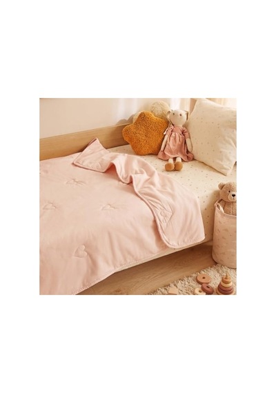 Pembe Renk Kalp Nakışlı %100 Pamuk Bebek Örtüsü 90 X 120 Cm Açık Bej