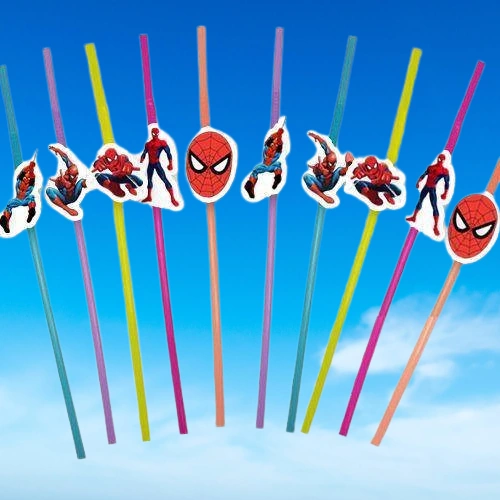 Pipet Lisanlı Spideman Temalı 10 Lu Artistik Körüklü Pipet Doğum Günü Masa Dekarasyonu +3