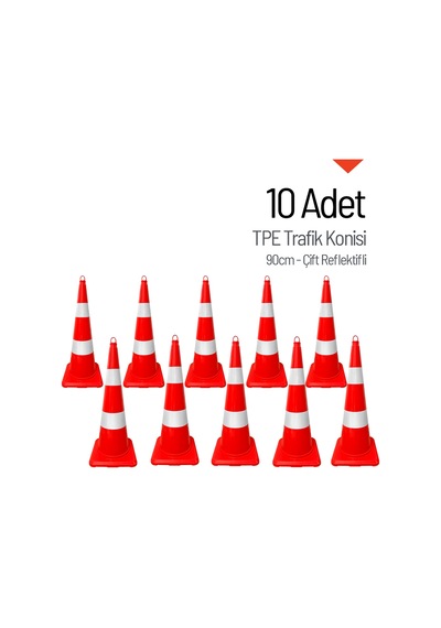 10 Adet Tpe Trafik Konisi 90 Cm Çift Reflektifli Trafik Dubası Seti-3725