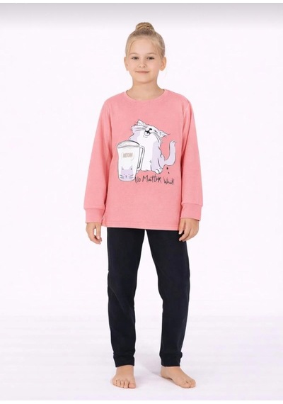 Kız Çocuk Kedi Baskılı Uzun Kollu Pijama Takımı Rahat Ev Giyimi-8411- Pembe