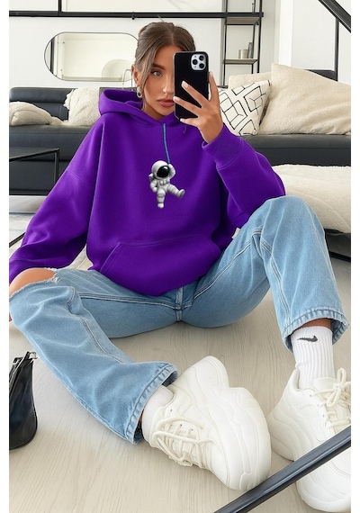 Astronot Unisex Kapüşonlu Sweat Mor