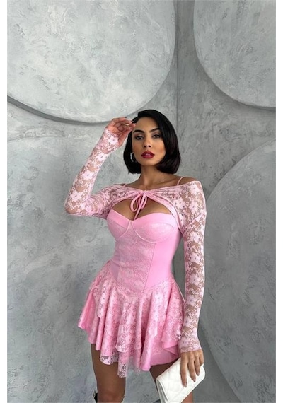 Dip Moda Kadın Bolero Detaylı Güpür Prenses Elbise Dpnbdf107 Pembe