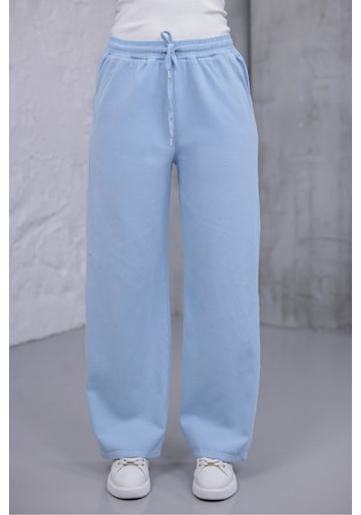 Myrab Denim Kadın Mavi Baggy Keten Pantolon Lastikli Bel Bağcıklı Rahat Geniş Paça Yazlık Pantolon