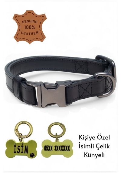 Hakiki Deri Köpek Boyun Tasması, Kişiye Özel Künyeli Lux Seri Syh Siyah