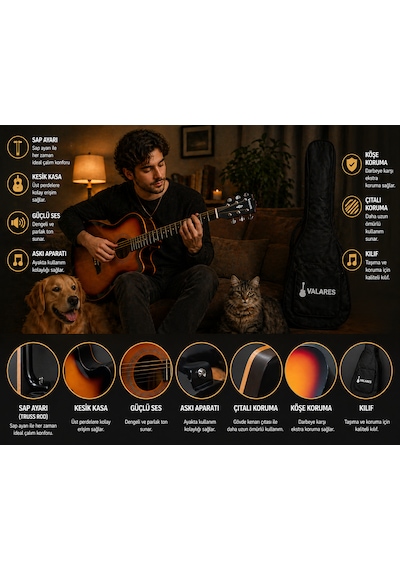 Valares 38c Kesik Kasa Sap Ayarlı Akustik Gitar 38 4/4 Full Aksesuar Hediyeli Sunburst Suhr Burst