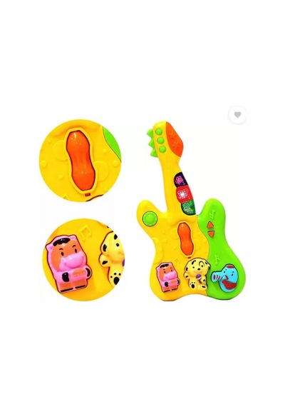 Hayvan Sesleri Çıkaran Işıklı Ninnili Müzikli Gitar İnteraktif Bebek Eğitici Tuşlu Oyuncak - Sarı