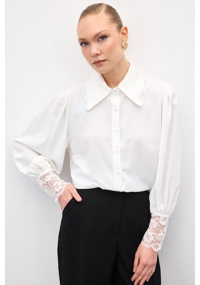 Sateen Dantel Manşetli Gömlek - Ekru-137049 ekru