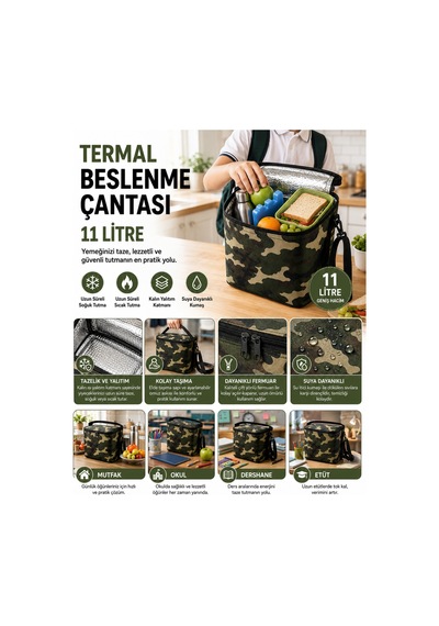 11 Litre Termal Beslenme Çantası Isı Yalıtımlı Sıcak Soğuk Tutucu Termos Yemek Taşıma Okul Piknik Kamp Çantası-kamuflaj .