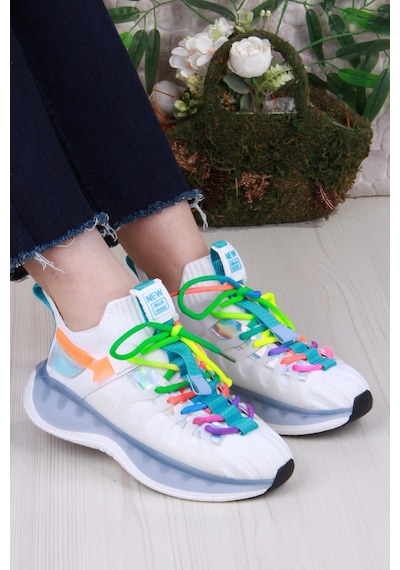 Guja Karsu Rahat Esnek Özel Tasarım Renkli Bağcuklı Sneaker Kadın Ayakkabı Beyaz