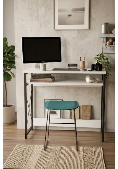 Reyo 90x37cm Metal Ayaklı Çalışma Masası Bilgisayar Masası Beyaz