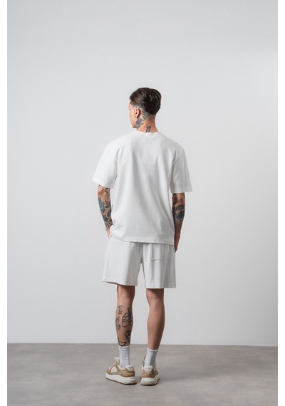 Erkek Pis Dikişli Regular Fit T-shirt Şort Takım Ekru