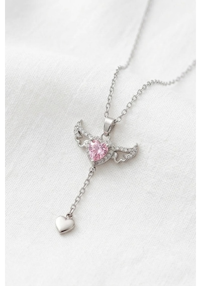 Kalpli Kanat Model Pembe Zirkon Taşlı Gümüş Renk Paslanmaz Çelik