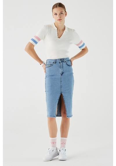 Lacoste Slim Fit Womens Skirt Dar Kesim Yırtmaçlı Kadın Kot Etek Mavi