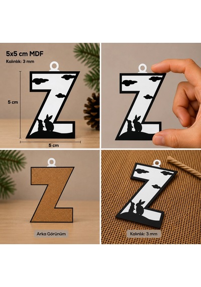 Z Harf Yılbaşı Süsü Mdf Çam Ağacı Desenli Asılabilir Dekor 5x5 Cm