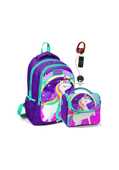 Coral High Okul Sırt Çantası Ve Beslenme Çantası Seti - Kız Çocuk Mor Unicorn - Usb Soketli