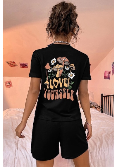 Uyguntarz Love Yourself Baskı Şort Takım Siyah