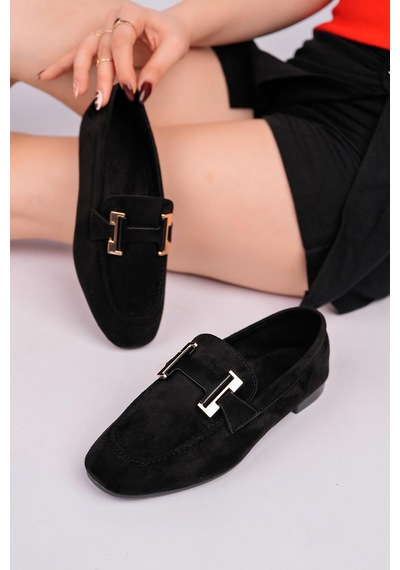 Nesilshoes Nesil Shoes Gabbel 305 Siyah Süet Siyah Taşlı Kadın Babet