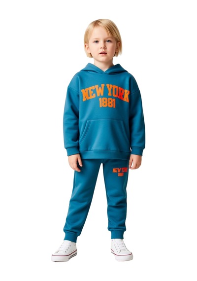 Ersefa Chicago 1886 Kapüşonlu Oversize Sweatshirt Ve Eşofman Altı Takımı Mavi