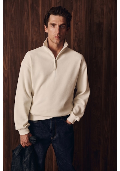 Grımelange Helor Erkek Organik Pamuklu Fermuarlı Dik Yaka Ekru Sweatshirt