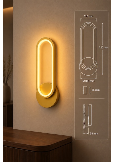 Dekoratif 20w Halka Modeli İç Mekan Gold Kasa Amber Işık 30 Cm Duvar Aplik Pilli 2 Adet