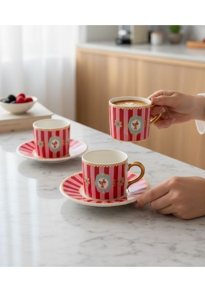 2 Kişilik Pink Bird Double Kahve Fincanı-4686 Pembe