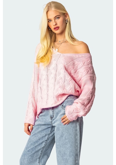 Madmext Pembe V Yaka Örgü Desen Oversize Kadın Kazak Mg2519 Pembe
