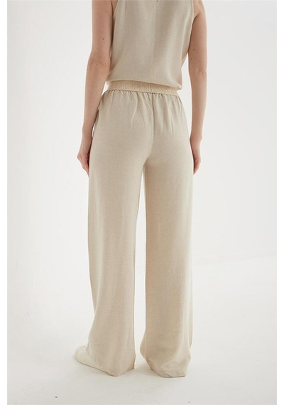 Beli Lastikli Geniş Paça Keten Pantolon Natural Natural