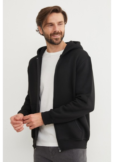 Fullamoda 3 İplik Fermuarlı Kanguru Cepli Sweatshirt Siyah