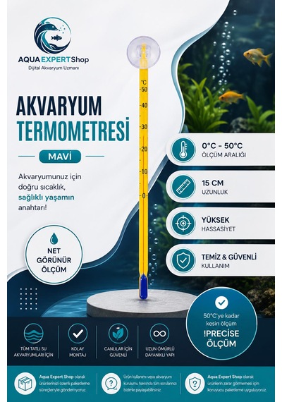 Akvaryum Termometre - Sarı - Hassas Ölçüm - Cam Termometre - 0/50 Derece Arası Ölçüm - Net Görünür - Güçlü Vantuz