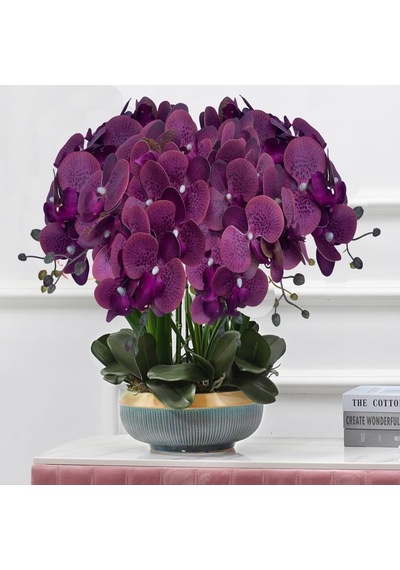 4lü Set Yapay Çiçek Koyu Mor Islak Orkide Ve 2 Adet Orkide Yaprağı Gerçeksi Doku Uzun Dal 90cm
