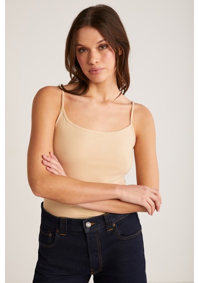 Ethıquet Khloe Kadın Slim Fit Dar Kesim Pamuklu İnce Askılı Kare Yaka Sıfır Kol Basic Bej Atlet