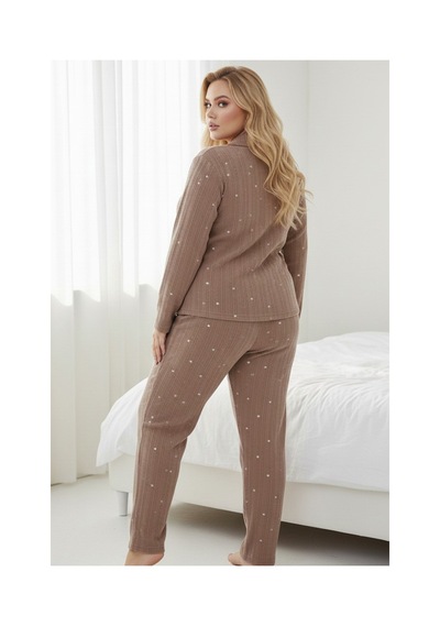 Siyah İnci Düğmeli Büyük Beden Polar Kışlık Örme Pijama Takım Kahverengi