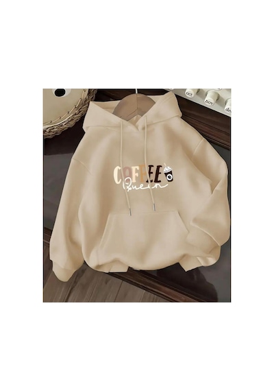 Herkesemoda Coffe Queen Baskı Detaylı İçi Polarlı Kapüşonlu Sweatshirt Bej
