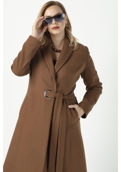 Moda Berray 932 Kadın Camel Şal Yaka Kuşaklı Toka Detaylı  Kaşe Kaban Camel
